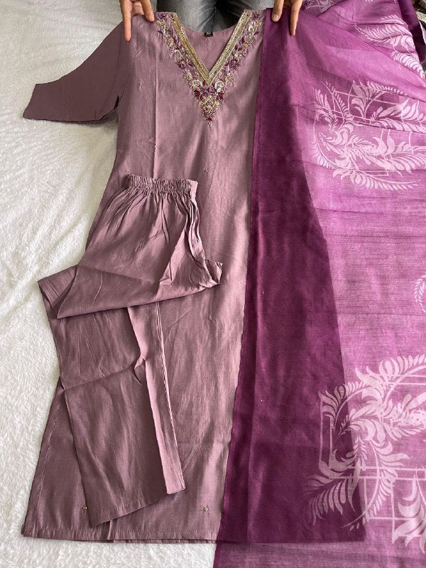 Luminous Ice Wine Roman Silk Handworked Kurta Pant Dupatta Set - Ethnicwish