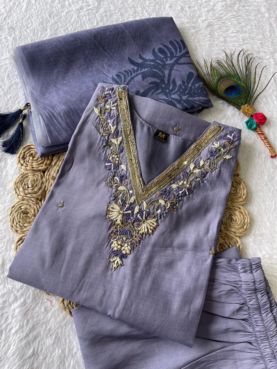 Breathtaking Lavender Roman Silk Handworked Kurta Pant Dupatta Set - Ethnicwish