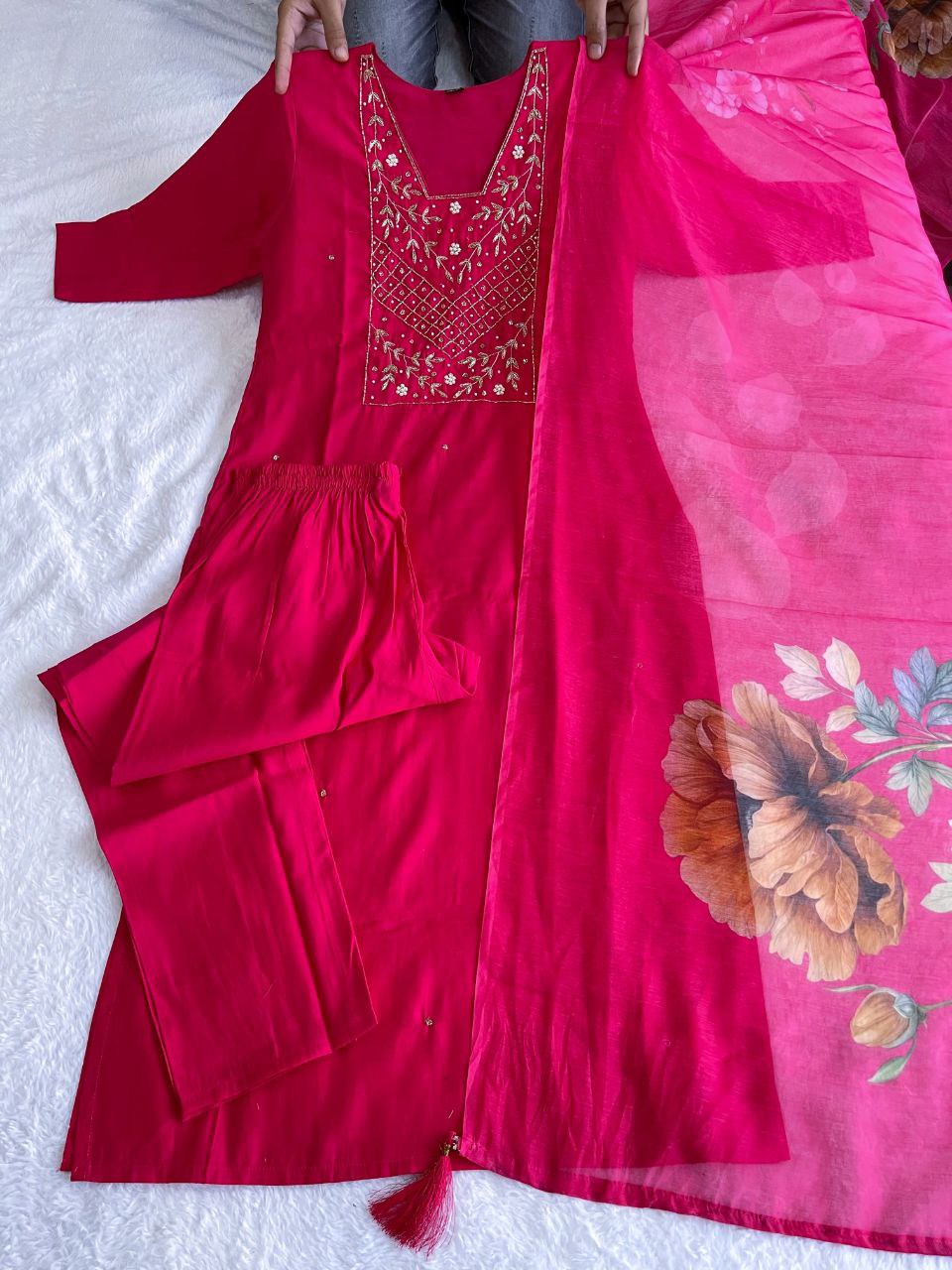 Chic Rani Pink Roman Silk Handworked Kurta Pant Dupatta Set - Ethnicwish