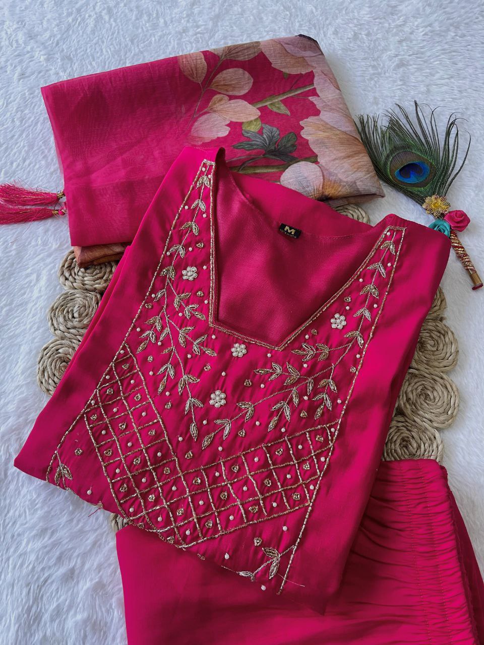 Chic Rani Pink Roman Silk Handworked Kurta Pant Dupatta Set - Ethnicwish