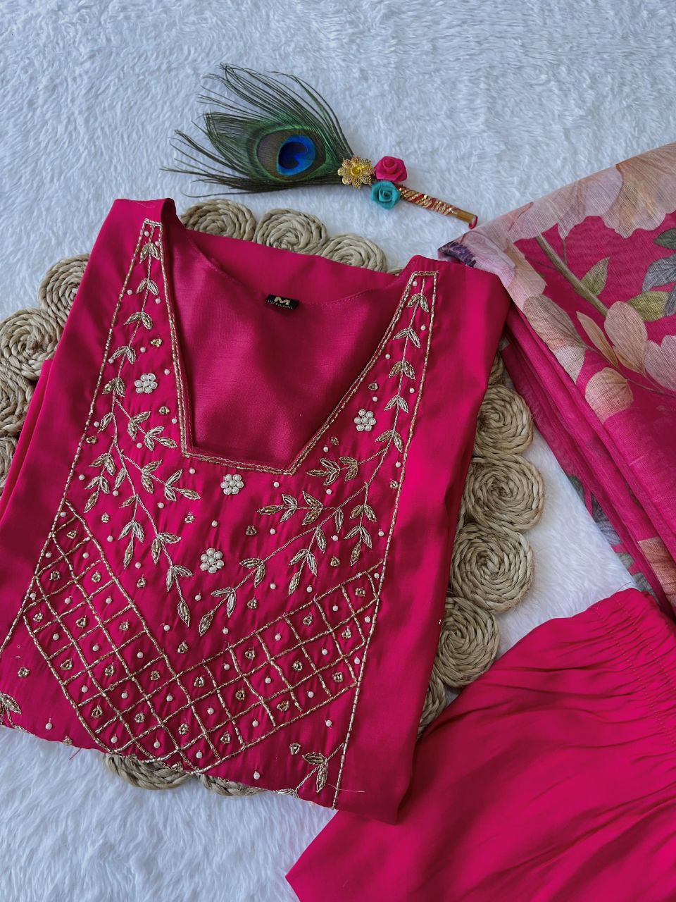 Chic Rani Pink Roman Silk Handworked Kurta Pant Dupatta Set - Ethnicwish