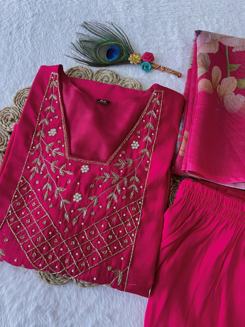 Chic Rani Pink Roman Silk Handworked Kurta Pant Dupatta Set - Ethnicwish