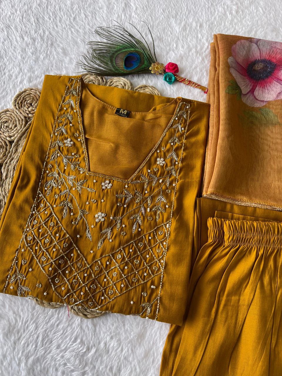 Resplendent Mustard Yellow Roman Silk Handworked Kurta Pant Dupatta Set - Ethnicwish