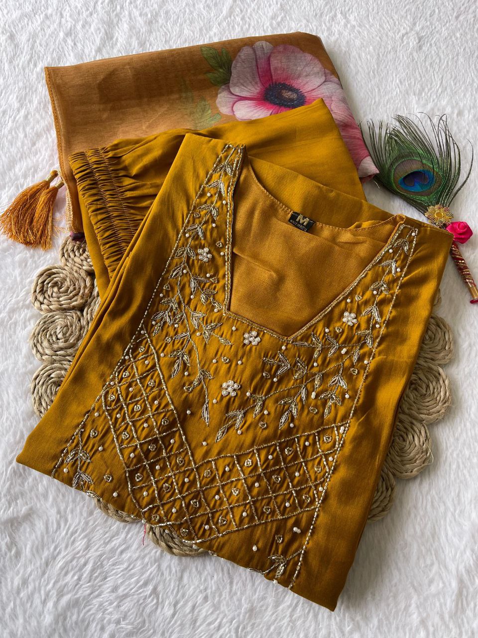 Resplendent Mustard Yellow Roman Silk Handworked Kurta Pant Dupatta Set - Ethnicwish