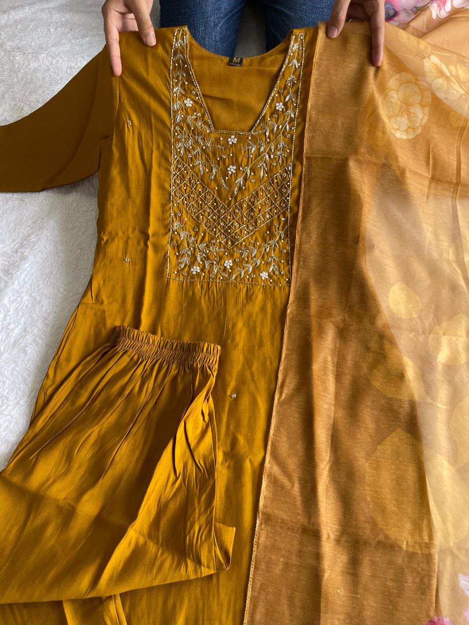 Resplendent Mustard Yellow Roman Silk Handworked Kurta Pant Dupatta Set - Ethnicwish