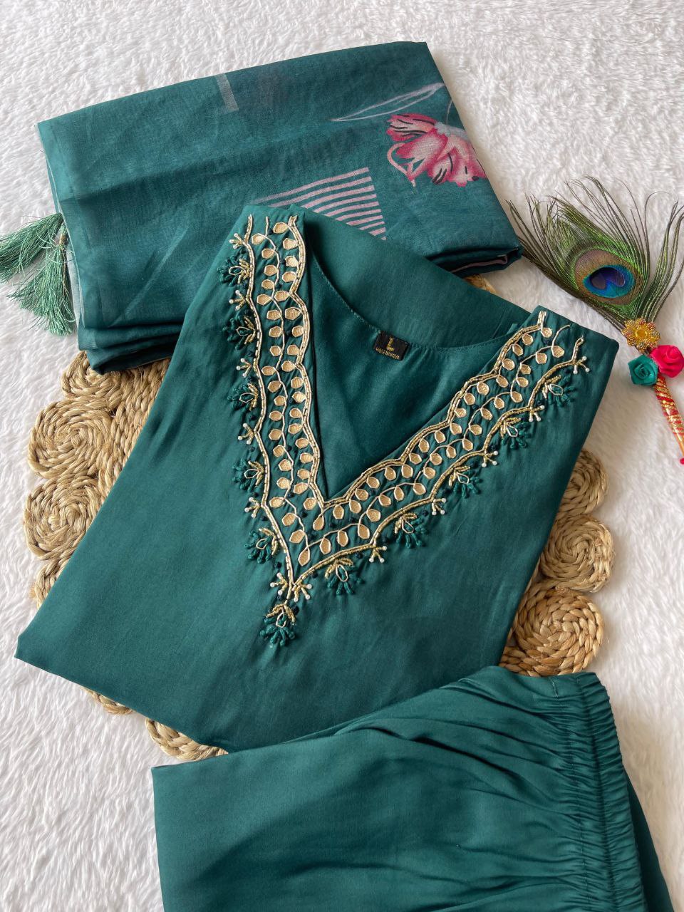 Ravishing Dark Rama Roman Silk Handworked Kurta Pant Dupatta Set - Ethnicwish