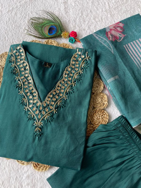 Ravishing Dark Rama Roman Silk Handworked Kurta Pant Dupatta Set - Ethnicwish