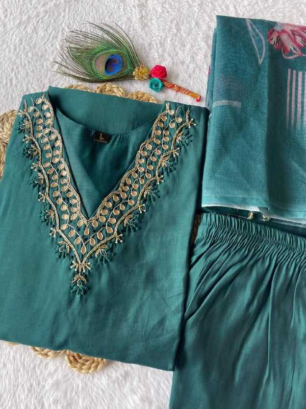 Ravishing Dark Rama Roman Silk Handworked Kurta Pant Dupatta Set - Ethnicwish