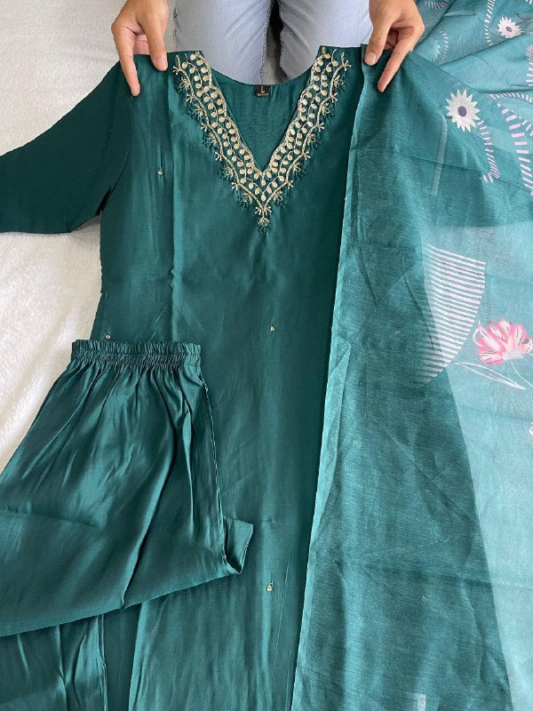 Ravishing Dark Rama Roman Silk Handworked Kurta Pant Dupatta Set - Ethnicwish