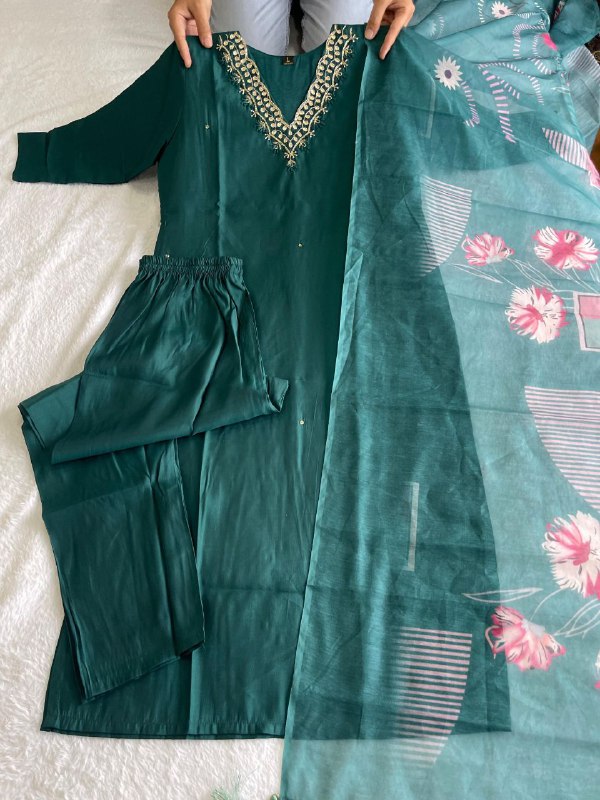 Ravishing Dark Rama Roman Silk Handworked Kurta Pant Dupatta Set - Ethnicwish