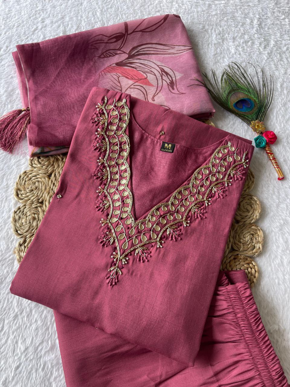 Alluring Dull Magenta Roman Silk Handworked Kurta Pant Dupatta Set - Ethnicwish