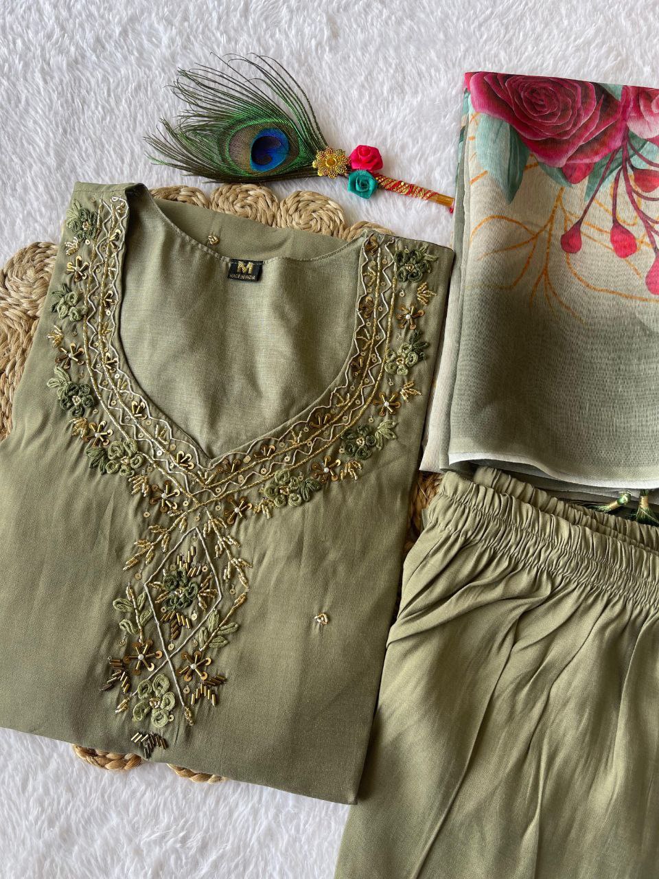 Divine Light Mehendi Roman Silk Handworked Kurta Pant Dupatta Set - Ethnicwish