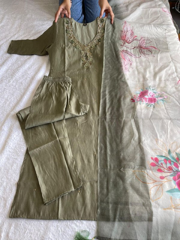 Divine Light Mehendi Roman Silk Handworked Kurta Pant Dupatta Set - Ethnicwish