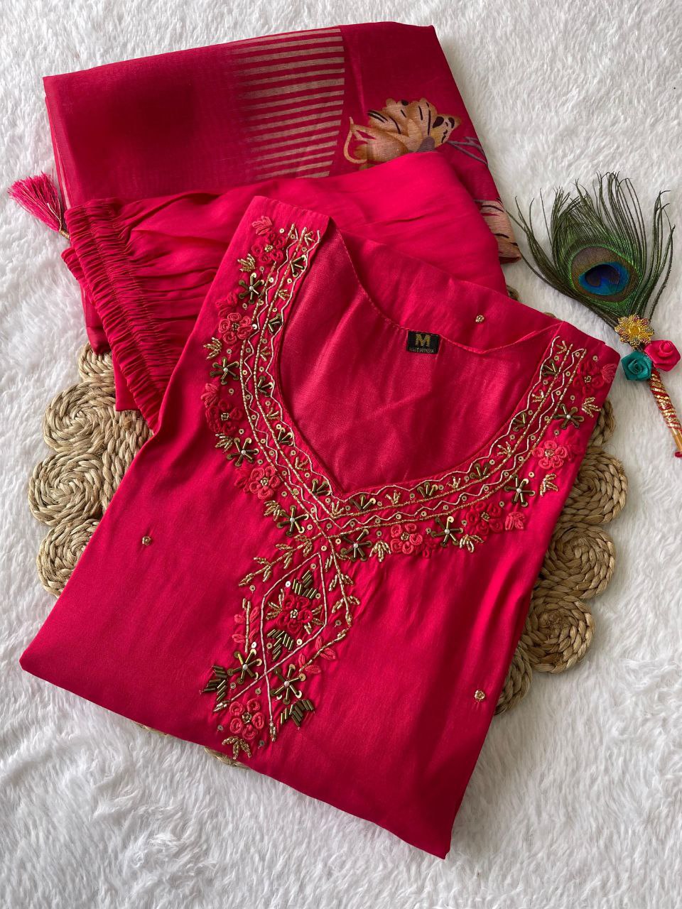 Stylish Tomato Roman Silk Handworked Kurta Pant Dupatta Set - Ethnicwish