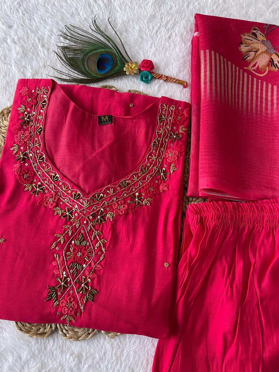 Stylish Tomato Roman Silk Handworked Kurta Pant Dupatta Set - Ethnicwish