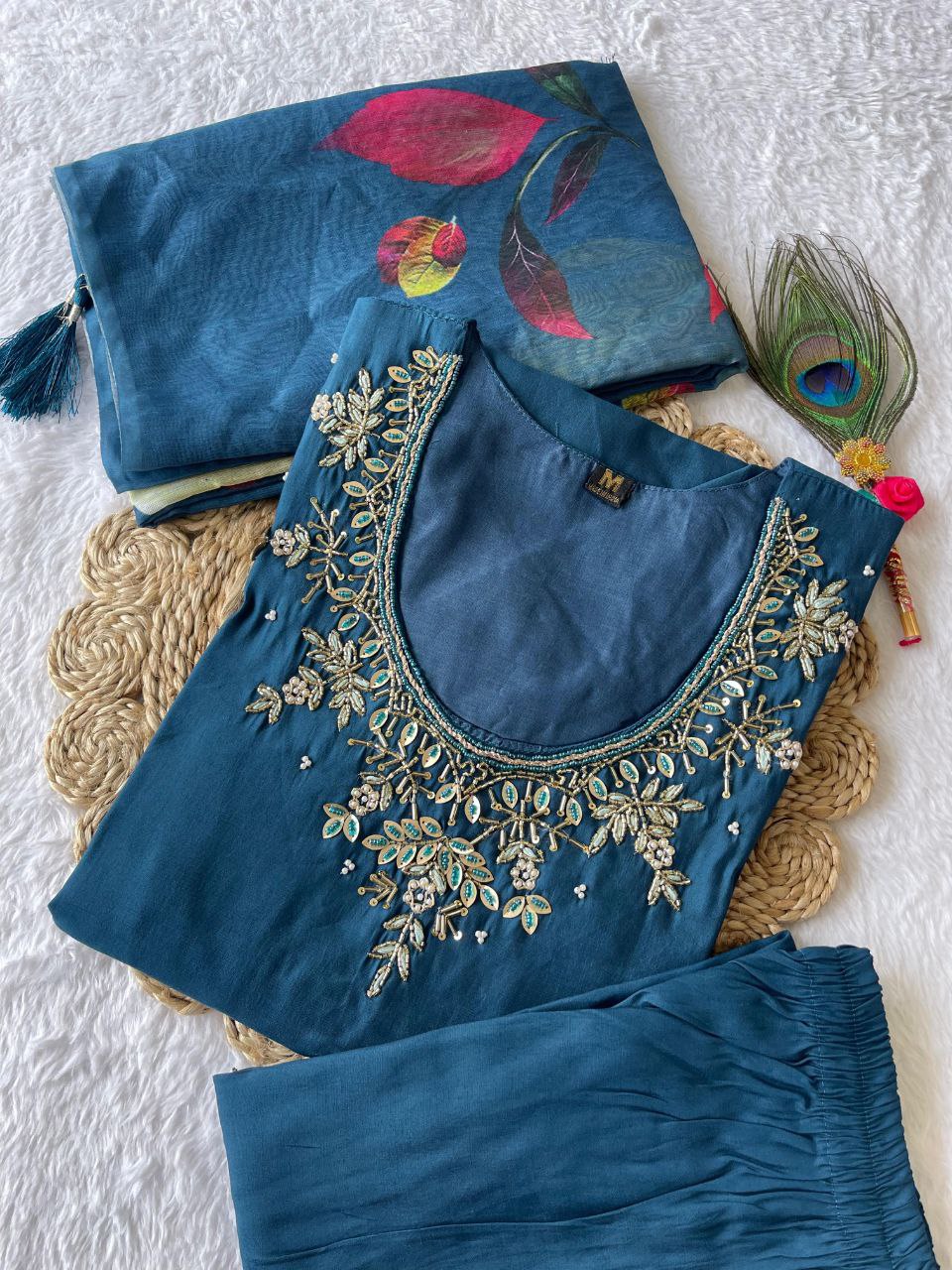 Divine Morpich Roman Silk Handworked Kurta Pant Dupatta Set - Ethnicwish