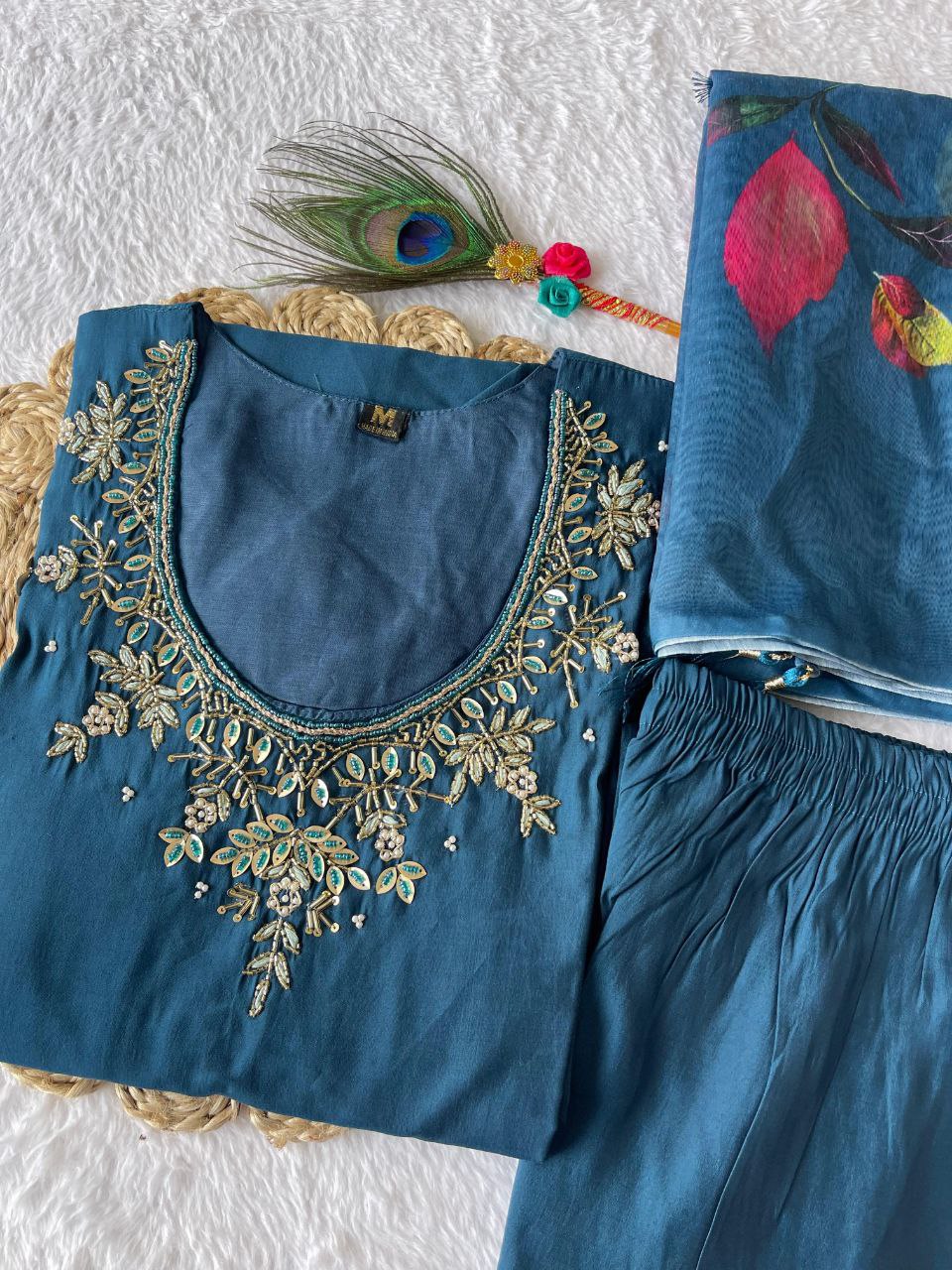 Divine Morpich Roman Silk Handworked Kurta Pant Dupatta Set - Ethnicwish