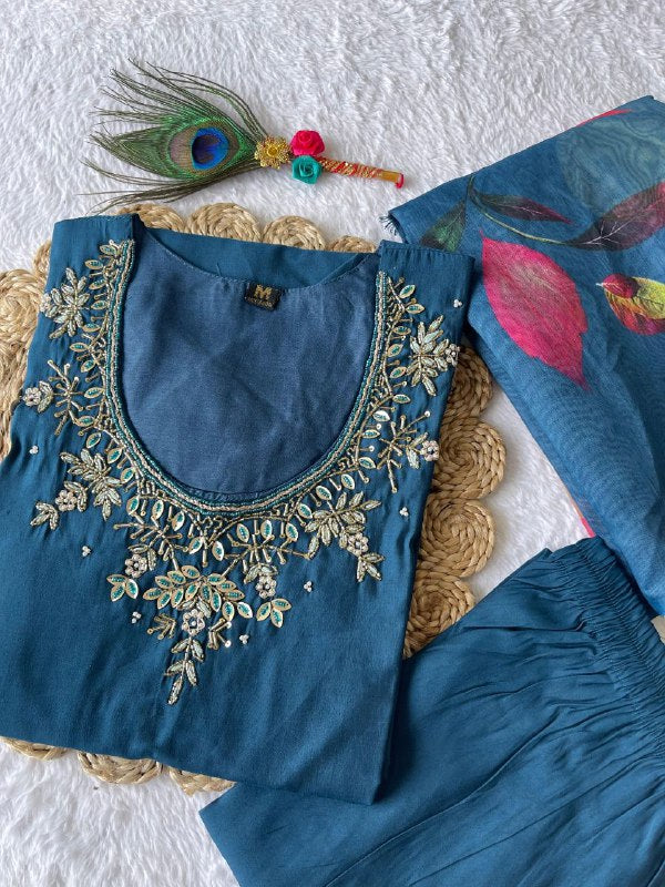 Divine Morpich Roman Silk Handworked Kurta Pant Dupatta Set - Ethnicwish