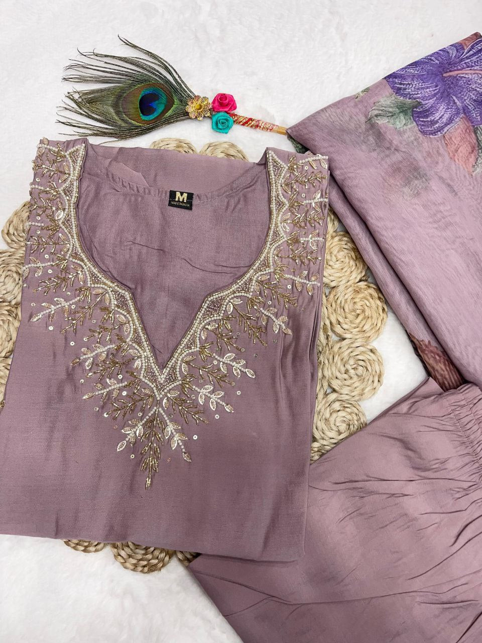 Stylish Ice Peach Roman Silk Handworked Kurta Pant Dupatta Set - Ethnicwish