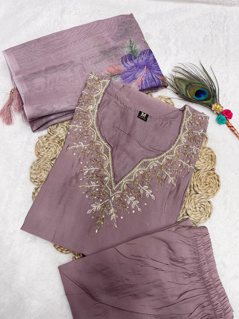 Stylish Ice Peach Roman Silk Handworked Kurta Pant Dupatta Set - Ethnicwish