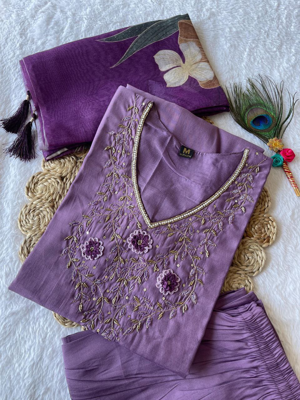 Ravishing Light Purple Roman Silk Handworked Kurta Pant Dupatta Set - Ethnicwish