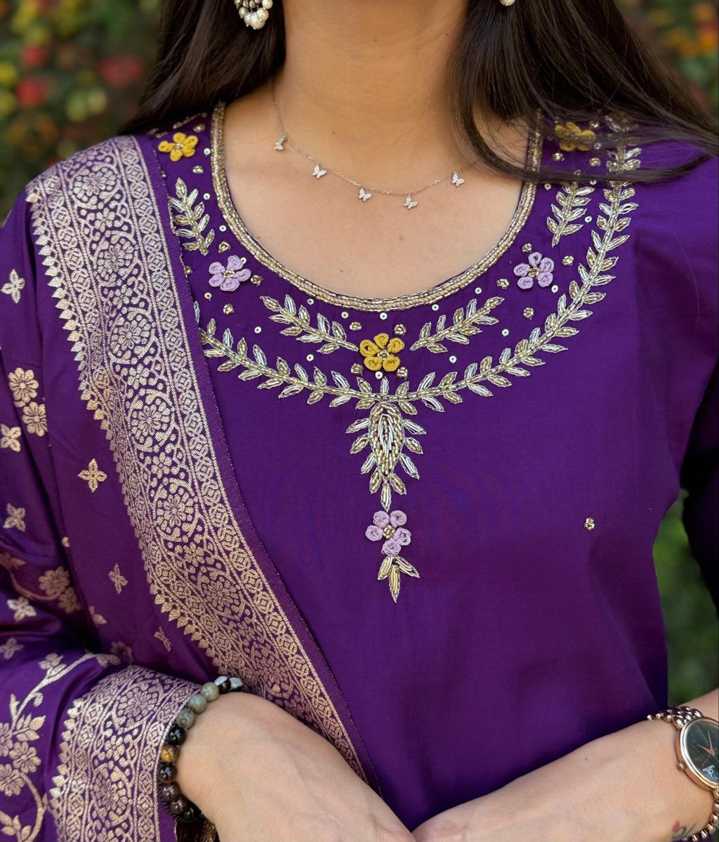 Radiant Purple Roman Silk Handworked Kurta Pant Dupatta Set - Ethnicwish