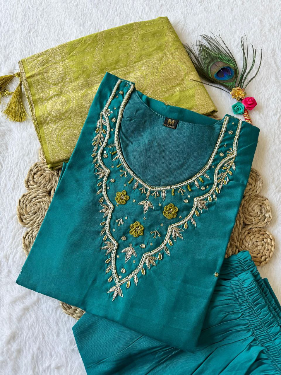 Exquisite Rama Roman Silk Handworked Kurta Pant Dupatta Set - Ethnicwish