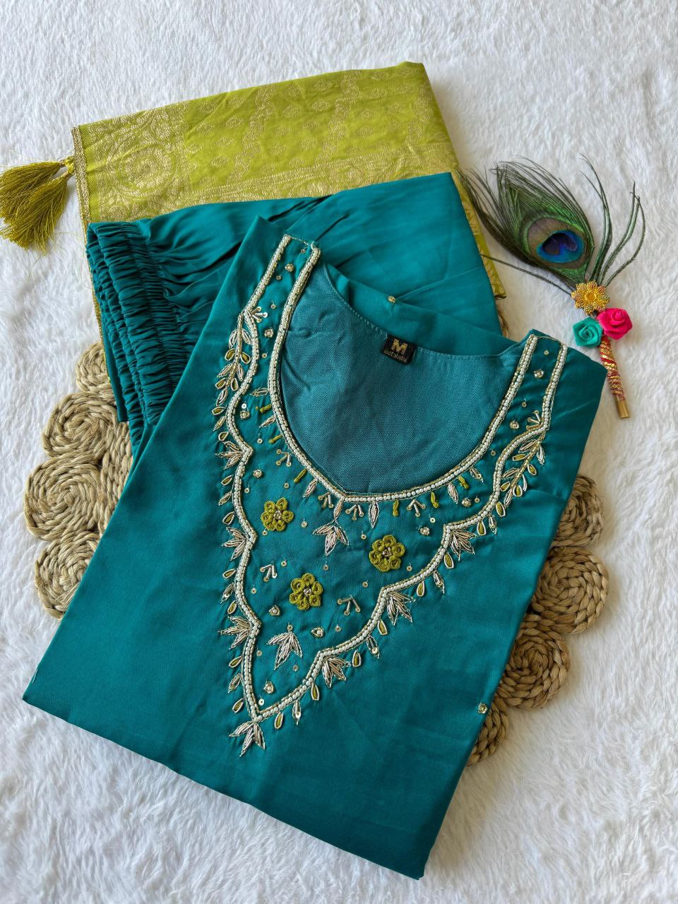 Exquisite Rama Roman Silk Handworked Kurta Pant Dupatta Set - Ethnicwish