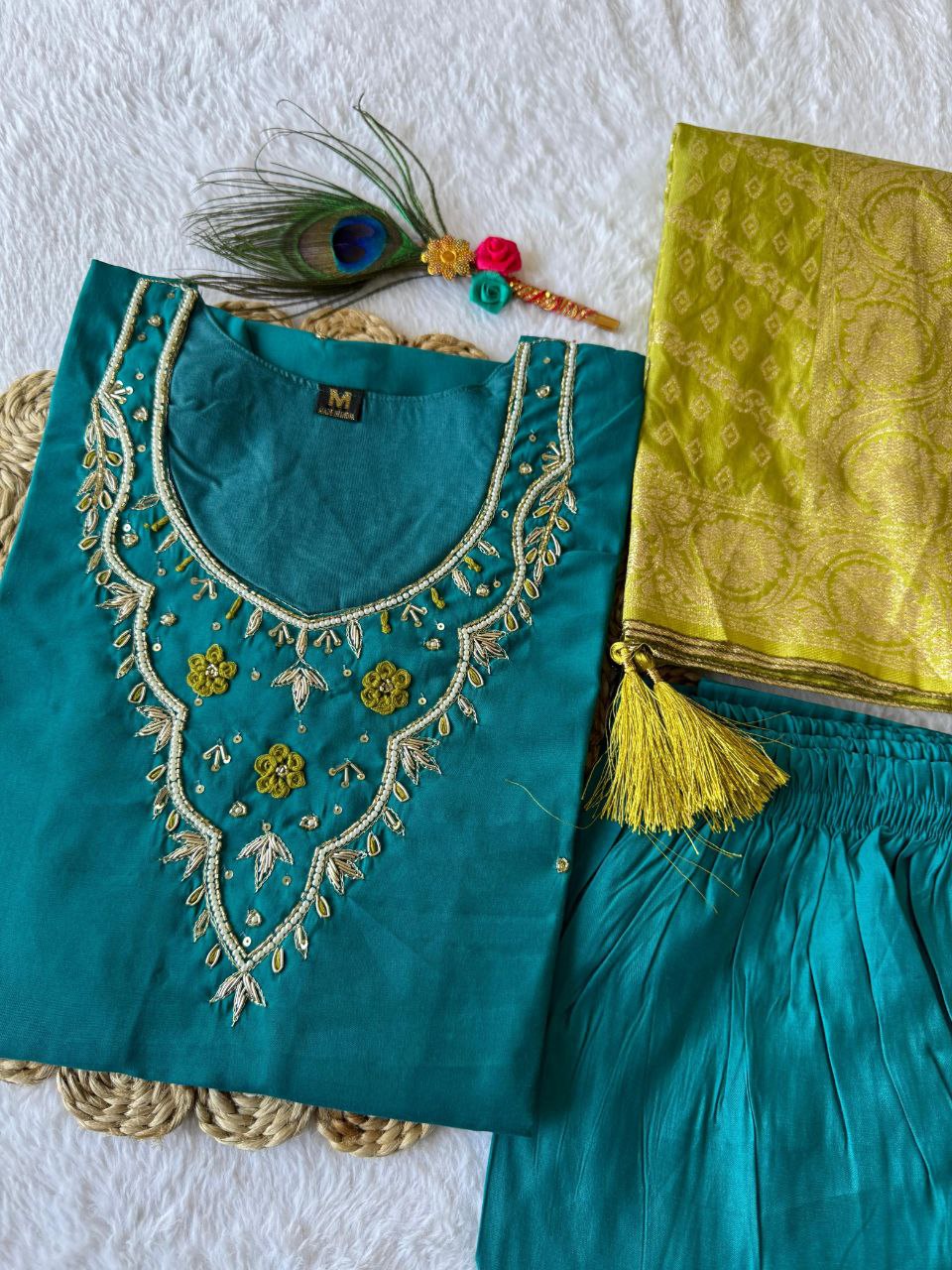 Exquisite Rama Roman Silk Handworked Kurta Pant Dupatta Set - Ethnicwish