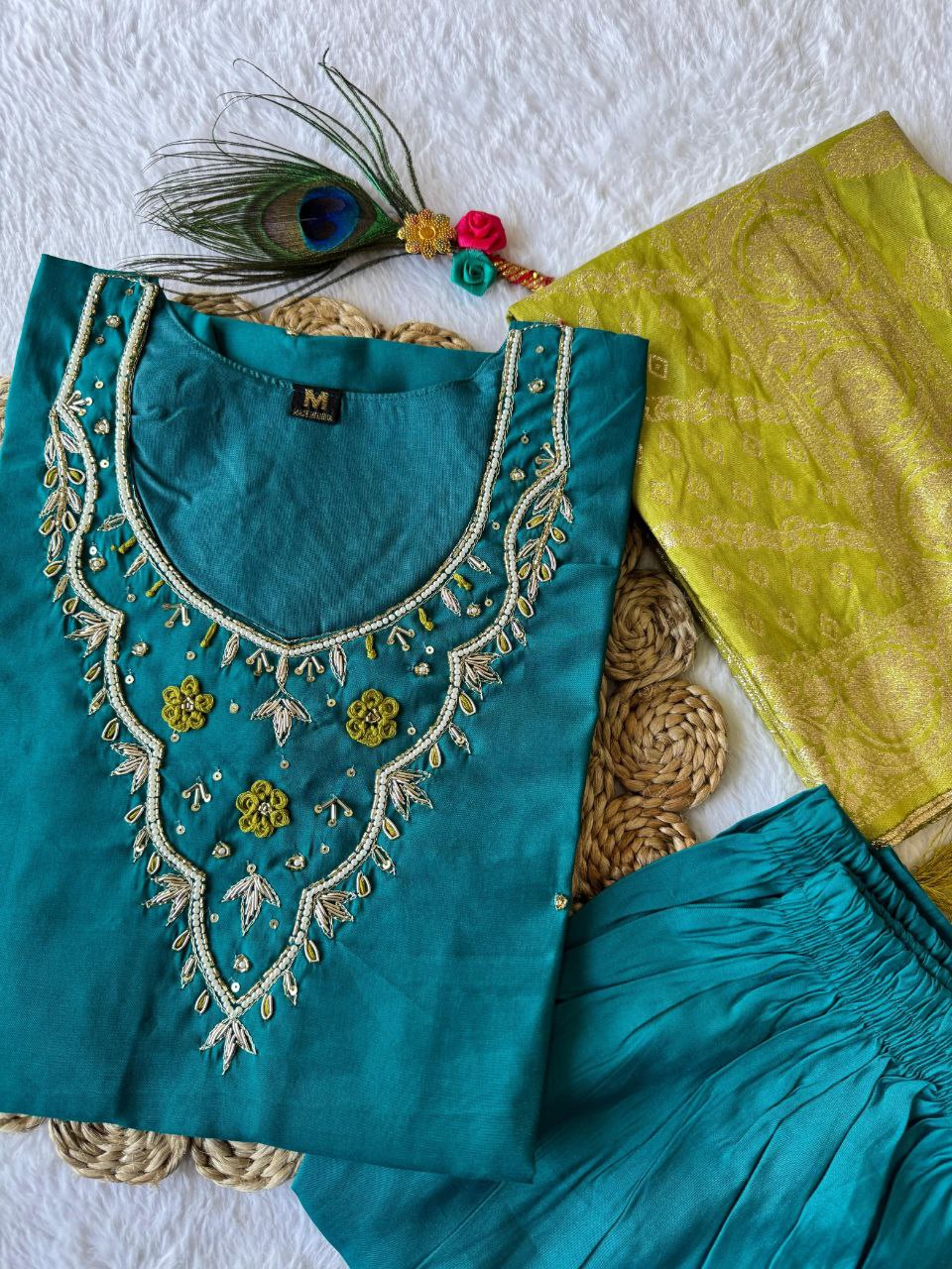 Exquisite Rama Roman Silk Handworked Kurta Pant Dupatta Set - Ethnicwish