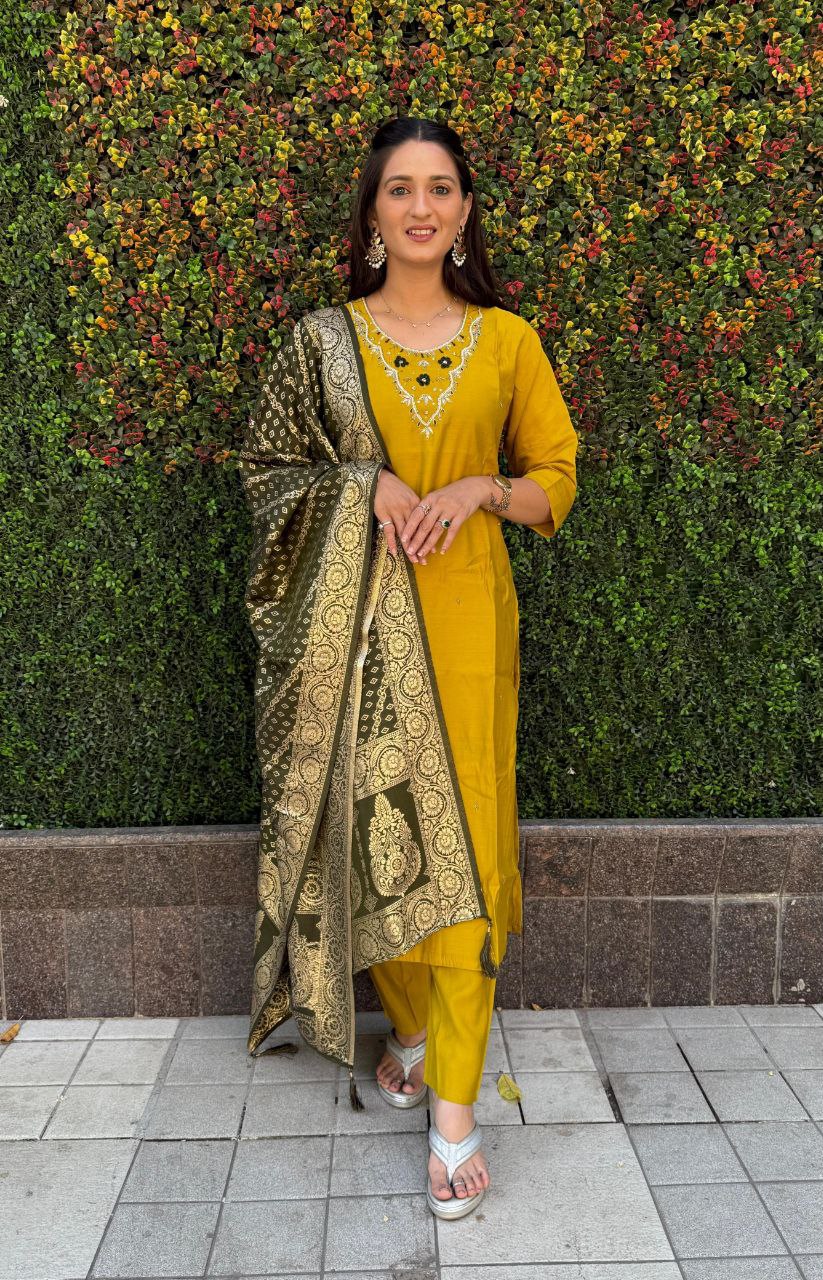 Ravishing Yellow Roman Silk Handworked Kurta Pant Dupatta Set - Ethnicwish