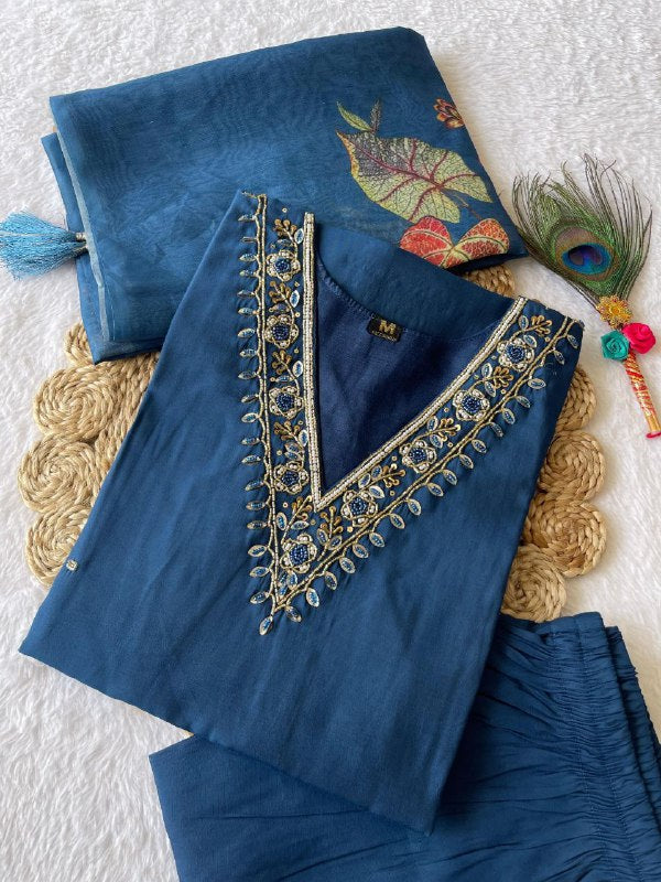 Spectacular Indigo Blue Roman Silk Handworked Kurta Pant Dupatta Set - Ethnicwish