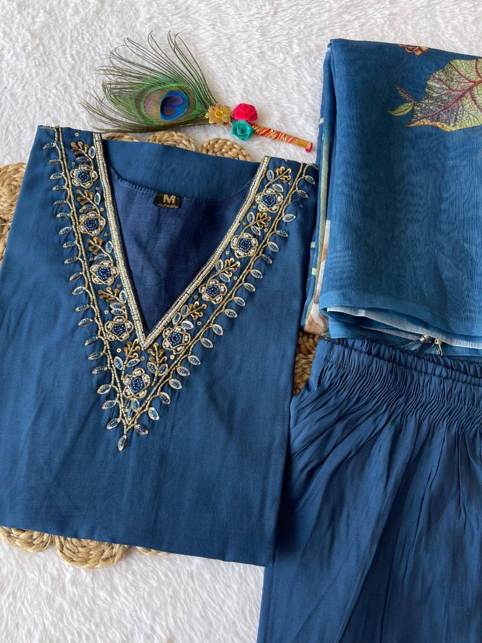 Spectacular Indigo Blue Roman Silk Handworked Kurta Pant Dupatta Set - Ethnicwish