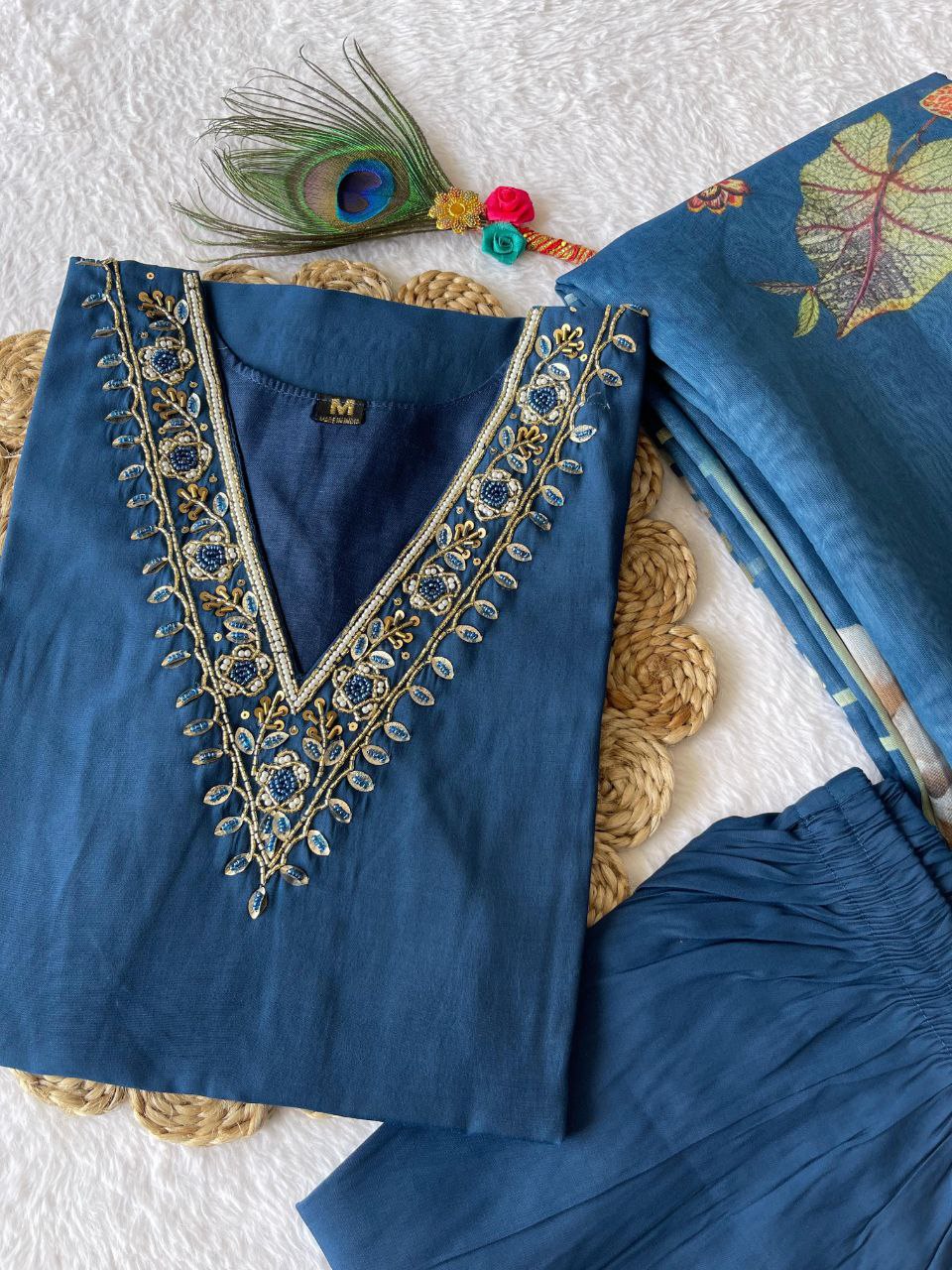 Spectacular Indigo Blue Roman Silk Handworked Kurta Pant Dupatta Set - Ethnicwish