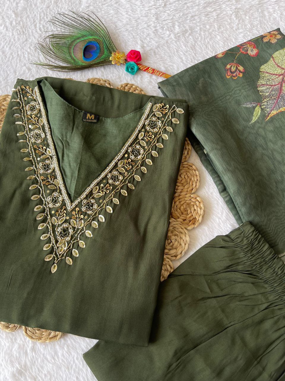 Luminous Mehendi Roman Silk Handworked Kurta Pant Dupatta Set - Ethnicwish