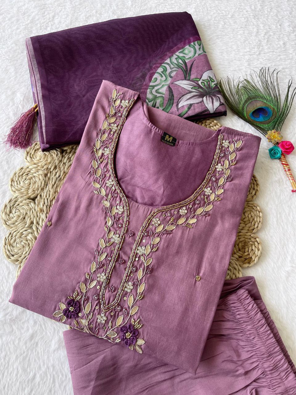 Alluring Light Wine Roman Silk Handworked Kurta Pant Dupatta Set - Ethnicwish