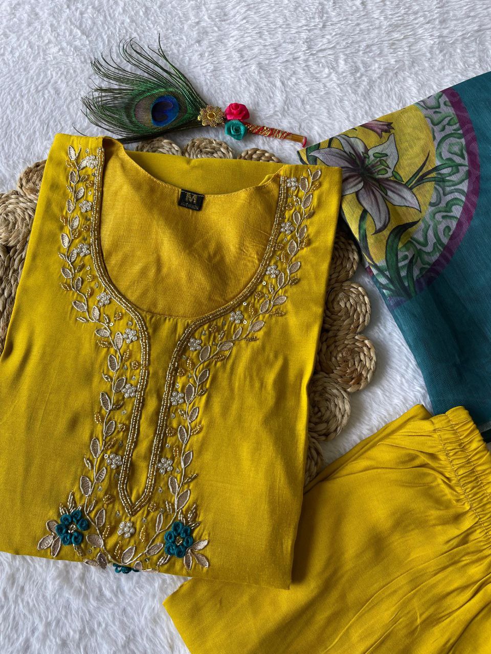 Resplendent Lemon Yellow Roman Silk Handworked Kurta Pant Dupatta Set - Ethnicwish