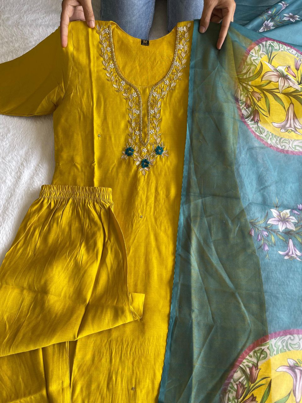 Resplendent Lemon Yellow Roman Silk Handworked Kurta Pant Dupatta Set - Ethnicwish