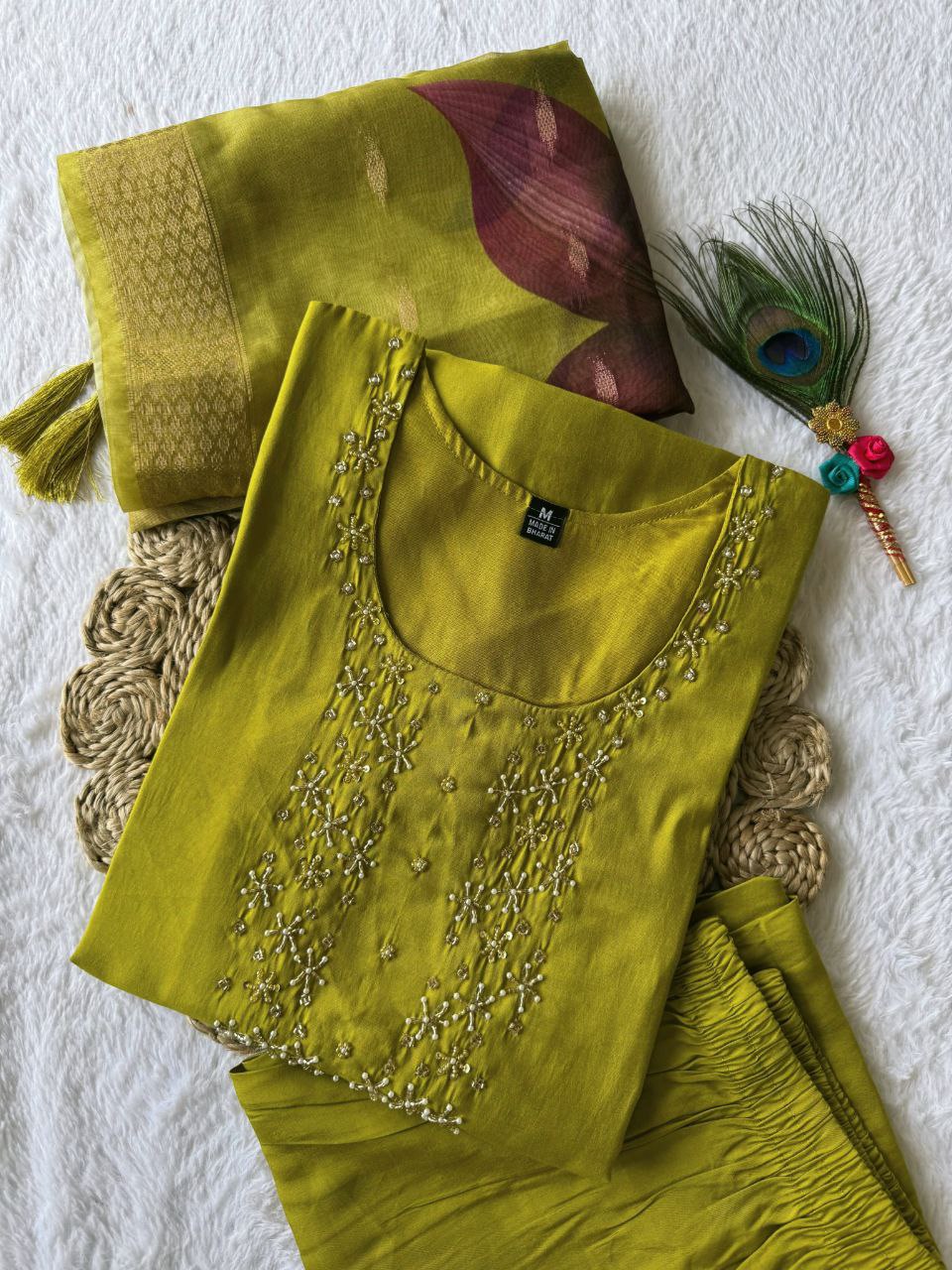 Graceful Parrot Roman Silk Handworked Kurta Pant Dupatta Set - Ethnicwish