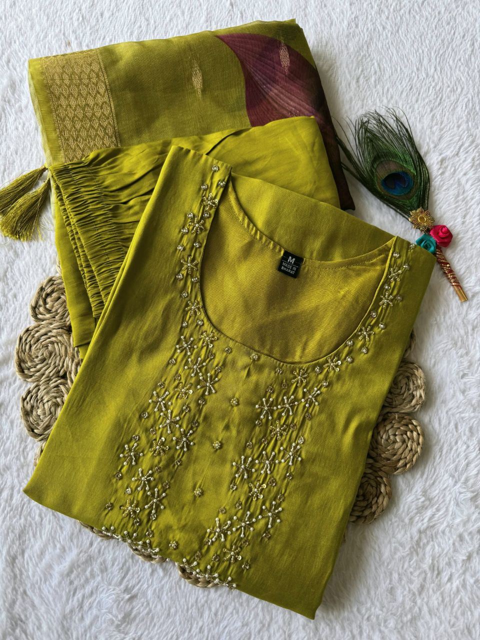 Graceful Parrot Roman Silk Handworked Kurta Pant Dupatta Set - Ethnicwish