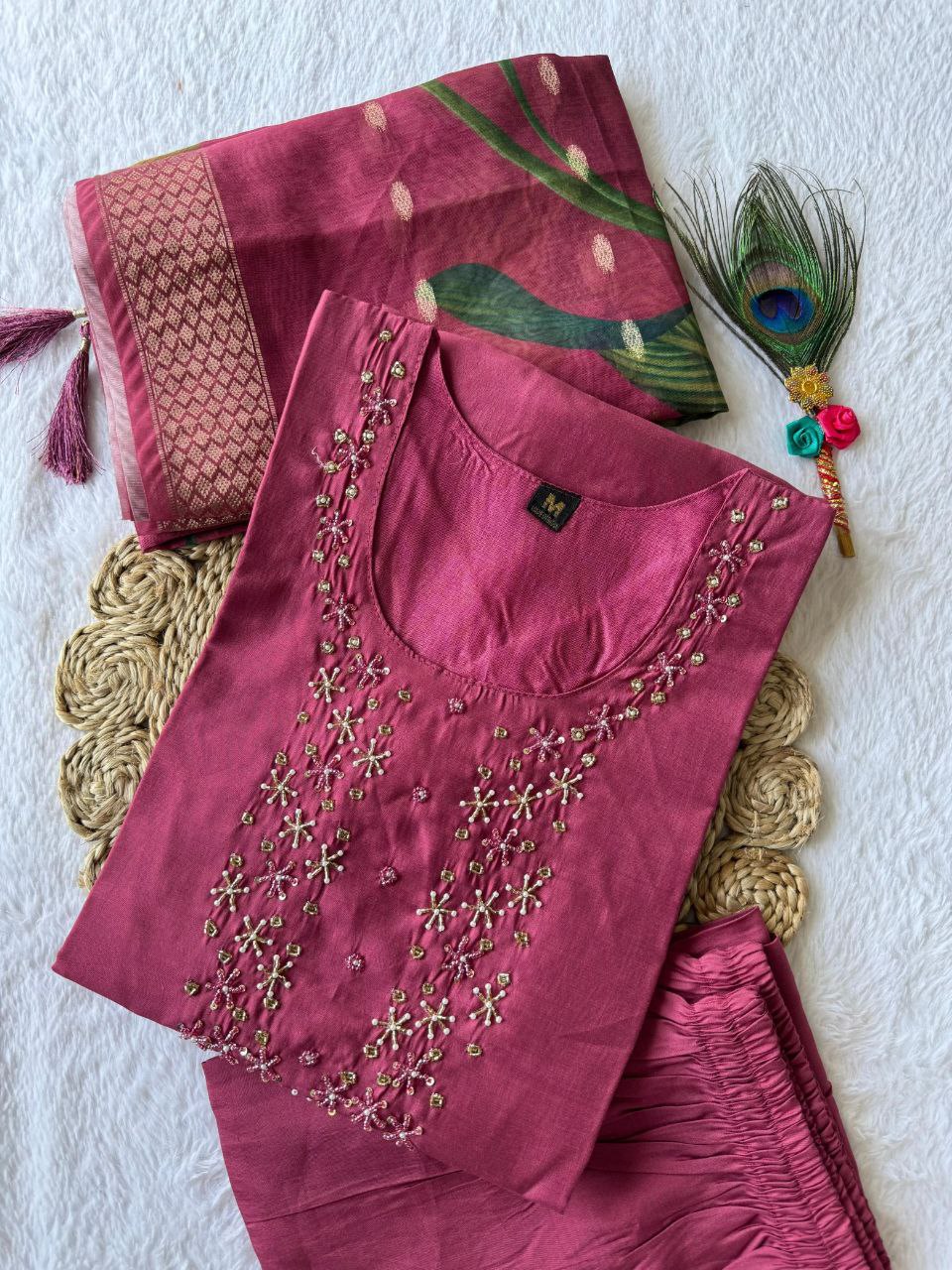 Breathtaking Rough Roman Silk Handworked Kurta Pant Dupatta Set - Ethnicwish