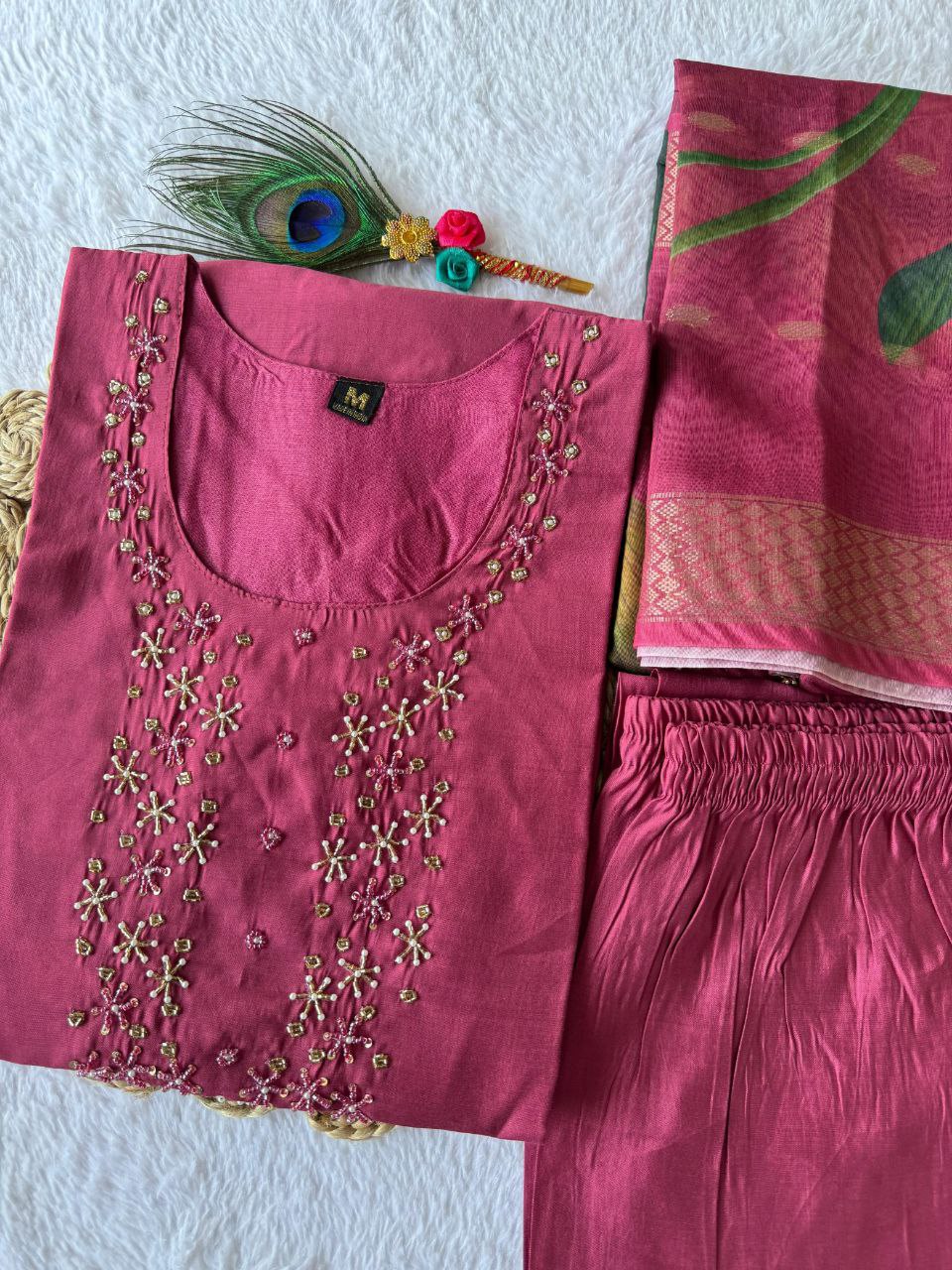 Breathtaking Rough Roman Silk Handworked Kurta Pant Dupatta Set - Ethnicwish