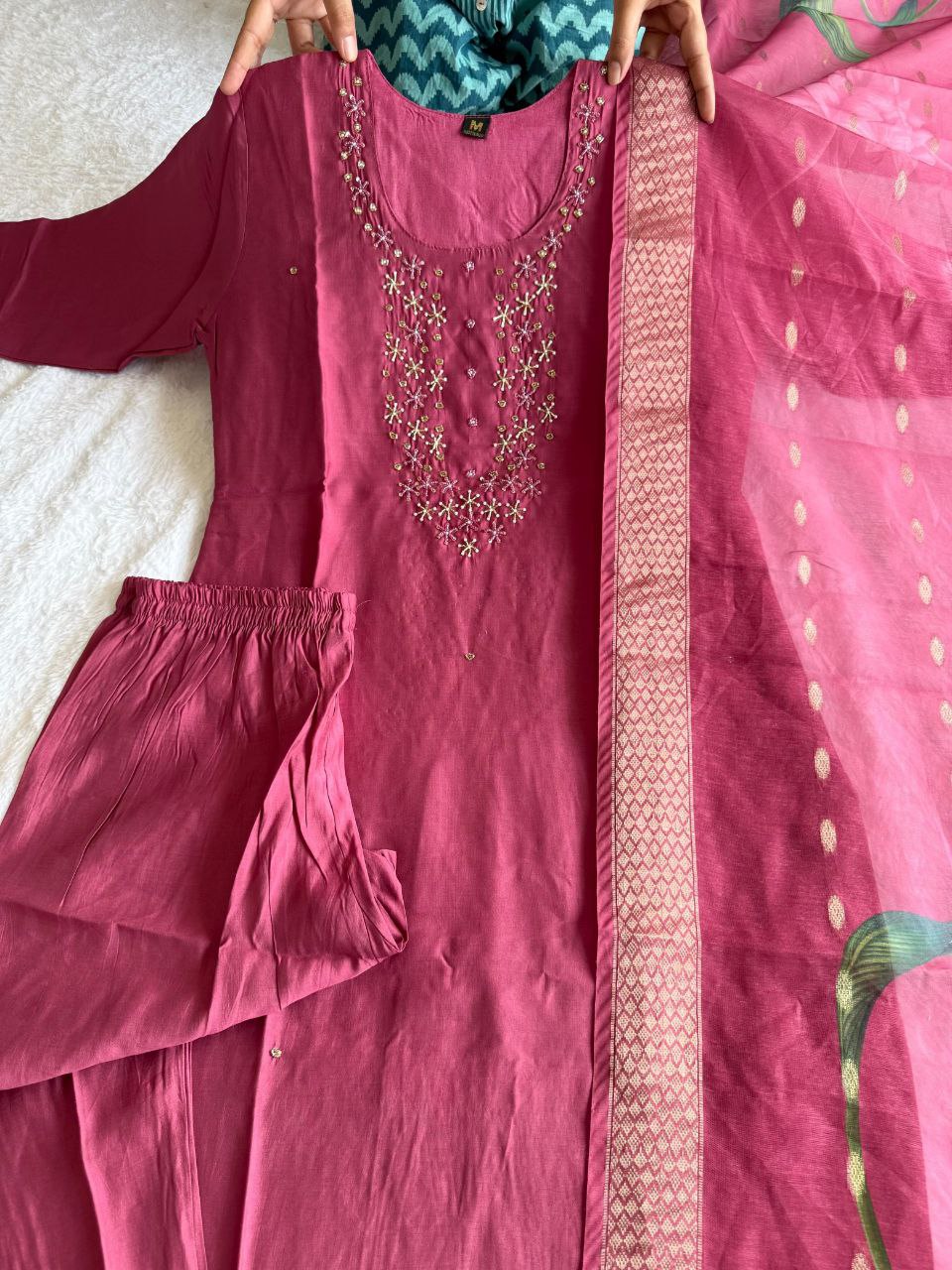 Breathtaking Rough Roman Silk Handworked Kurta Pant Dupatta Set - Ethnicwish