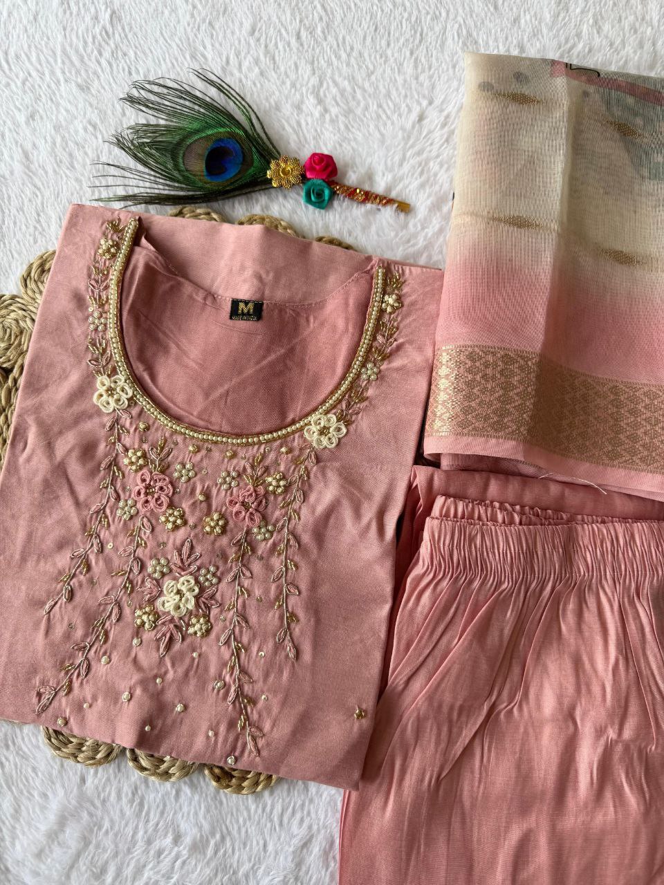 Magnificent Peach Roman Silk Handworked Kurta Pant Dupatta Set - Ethnicwish