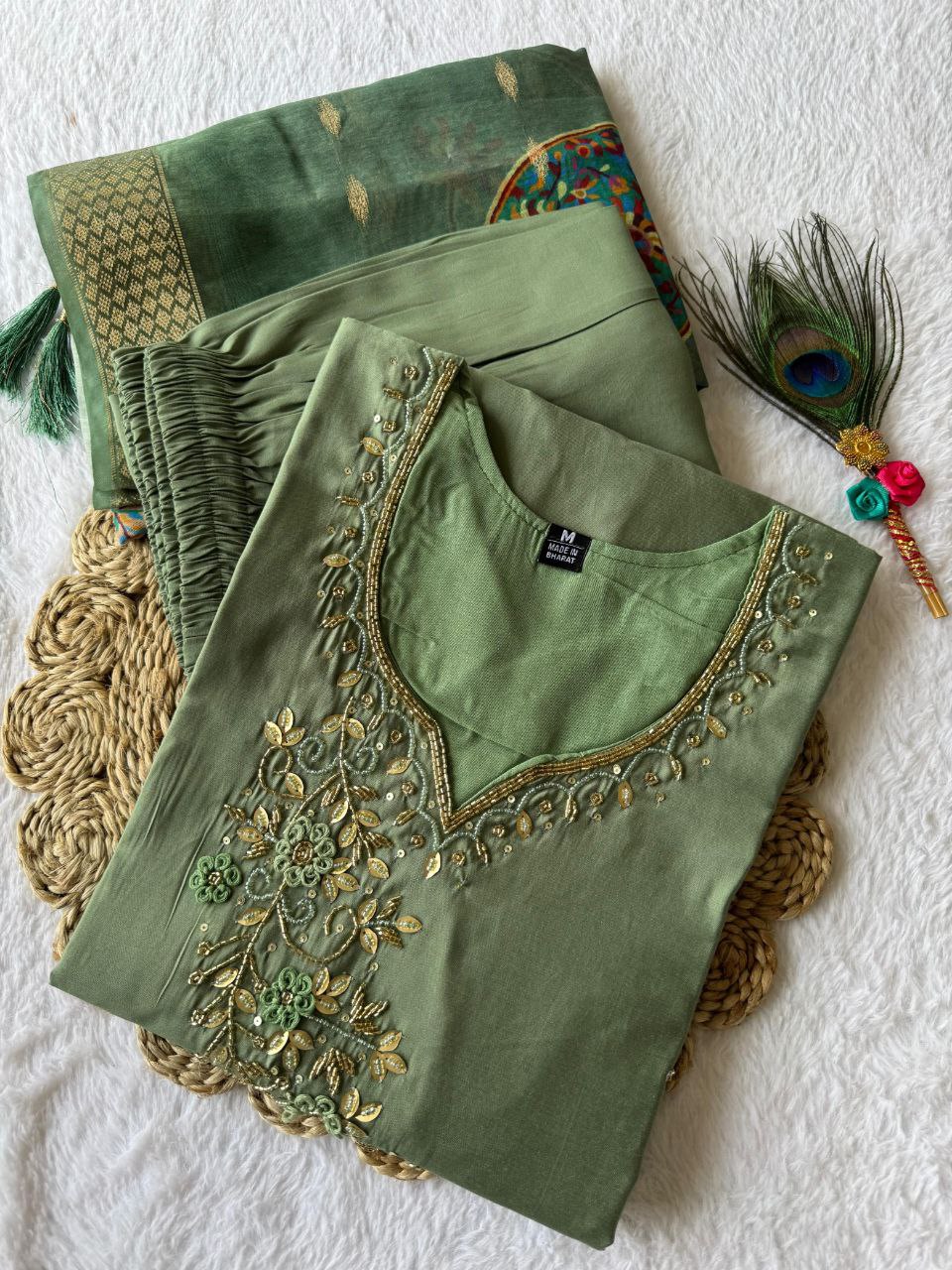Elegant Pista Roman Silk Handworked Kurta Pant Dupatta Set - Ethnicwish
