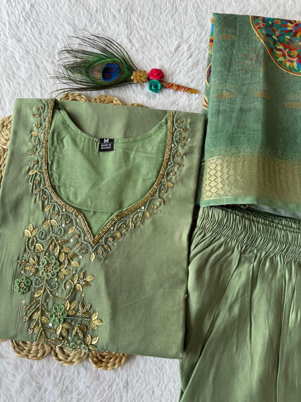 Elegant Pista Roman Silk Handworked Kurta Pant Dupatta Set - Ethnicwish