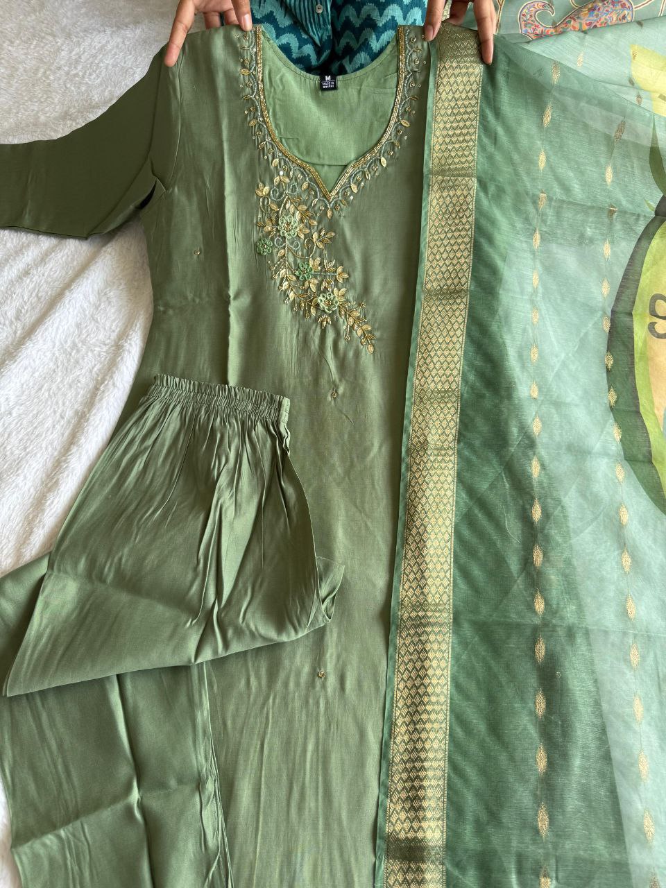 Elegant Pista Roman Silk Handworked Kurta Pant Dupatta Set - Ethnicwish