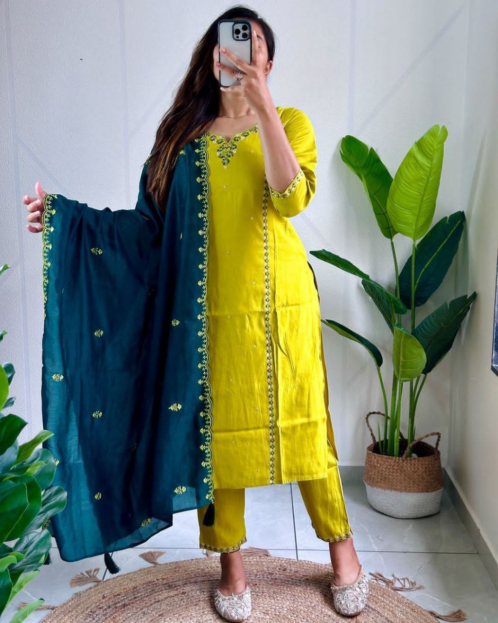 Sublime Parrot Green Roman Silk Handworked Kurta Pant Dupatta Set - Ethnicwish