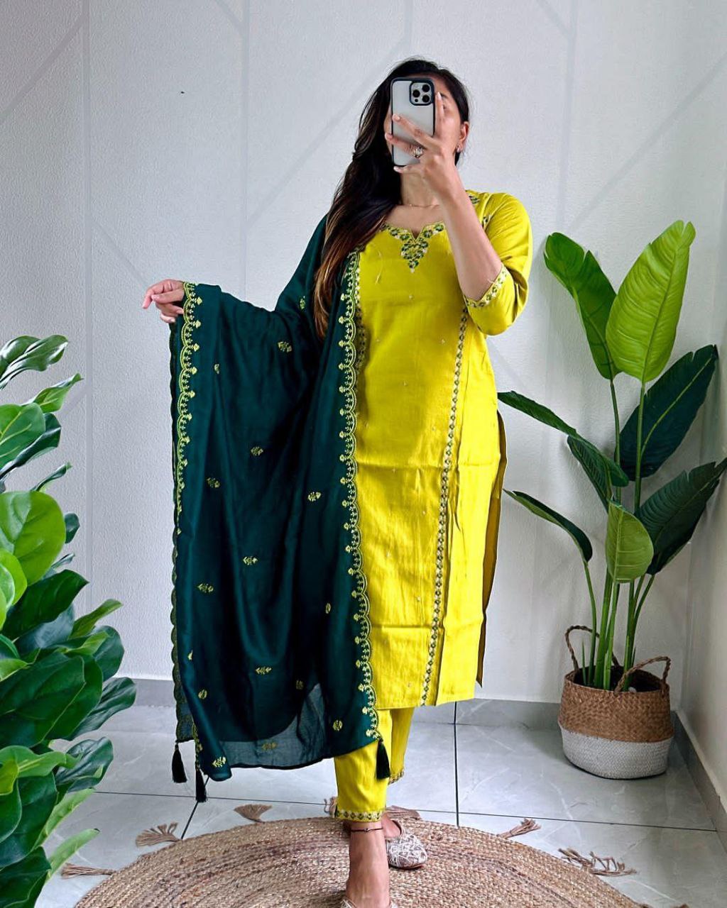 Sublime Parrot Green Roman Silk Handworked Kurta Pant Dupatta Set - Ethnicwish