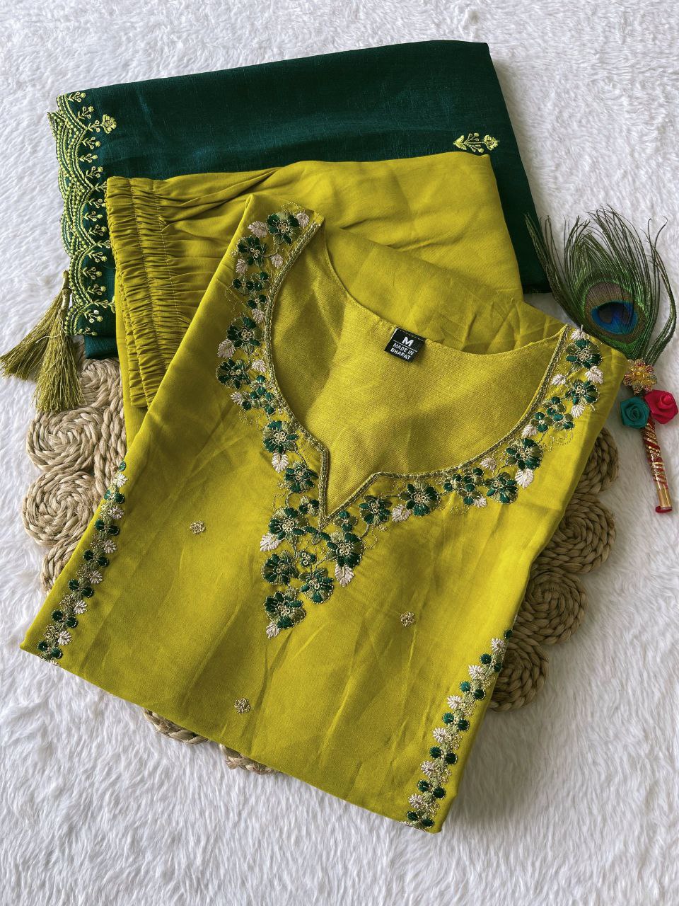 Sublime Parrot Green Roman Silk Handworked Kurta Pant Dupatta Set - Ethnicwish